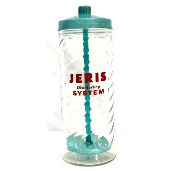Vintage Jeris Disinfecting System Glass Jar Barbershop Hazel Atlas Disinfectant - Picture 2 of 4